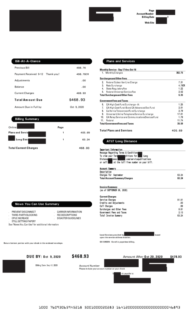 San Diego AT&T $468 California Telecom Bills