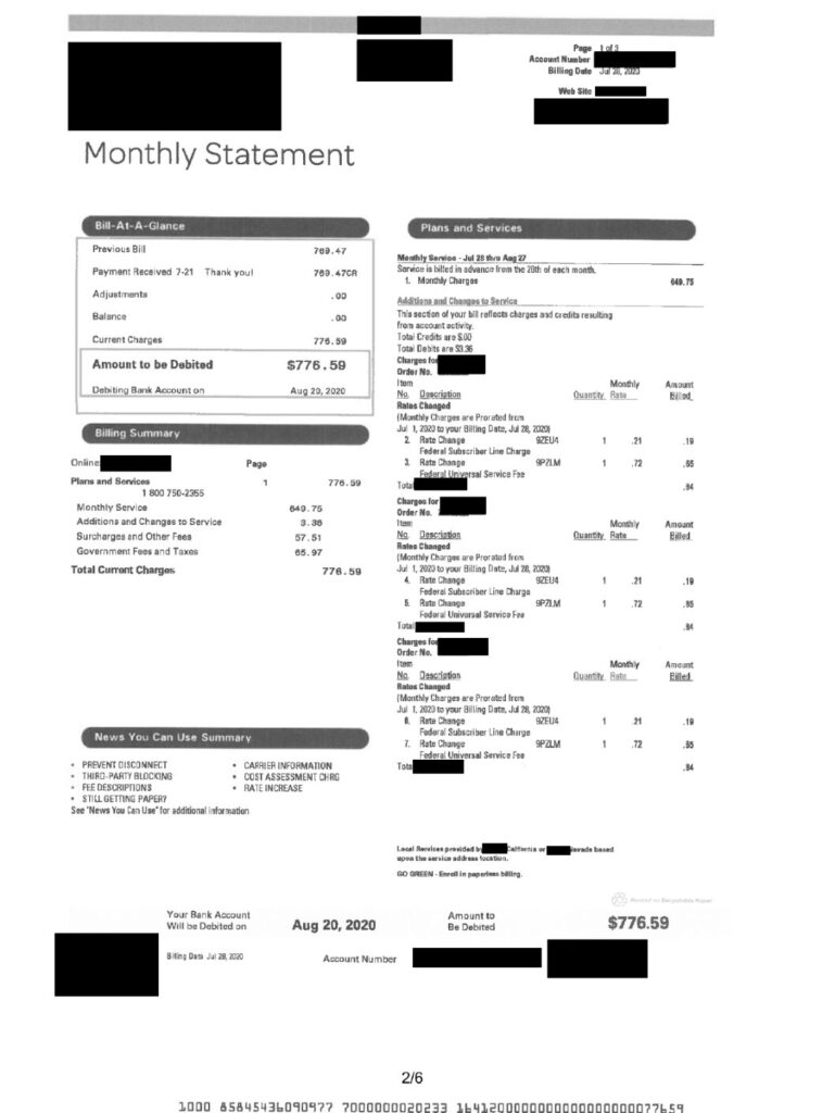 San Diego AT&T $776 California Telecom Bills
